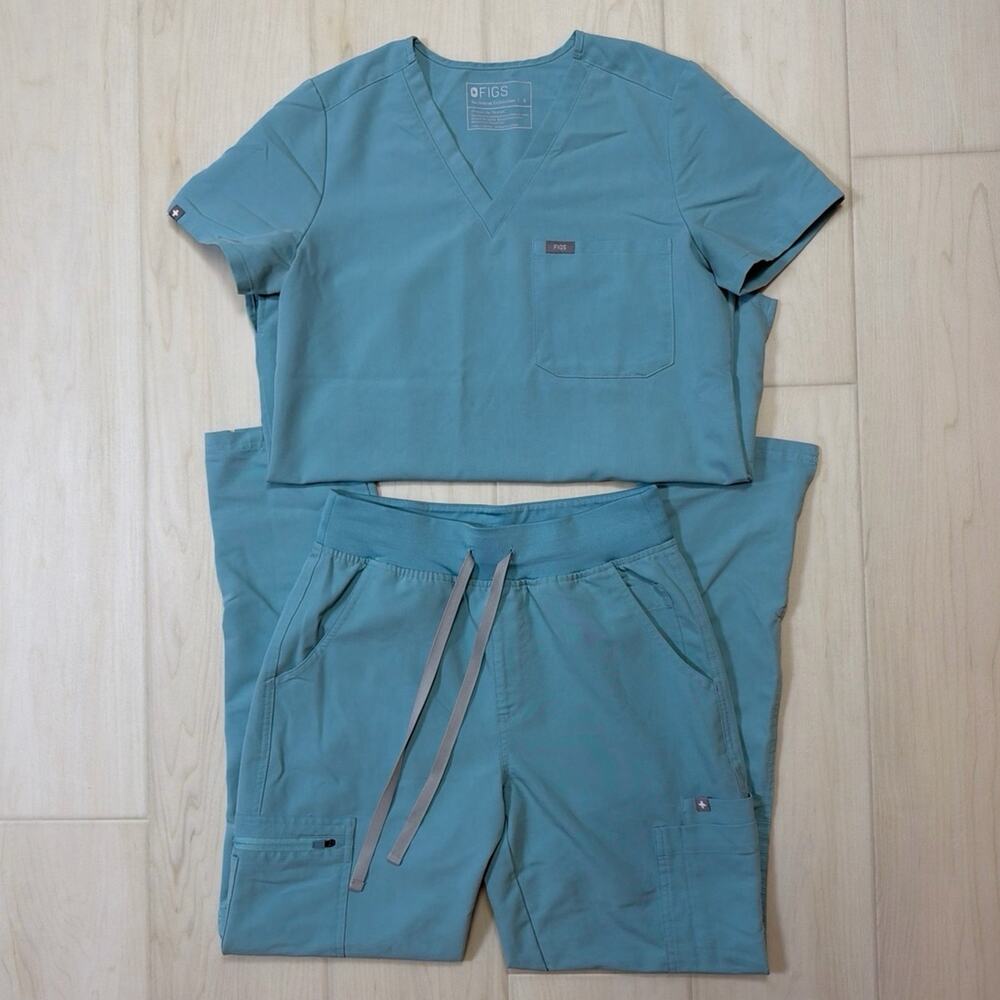 FIGS Seaglass Catarina One Pocket Top Yola High Waist Pants Scrub Set Size Small